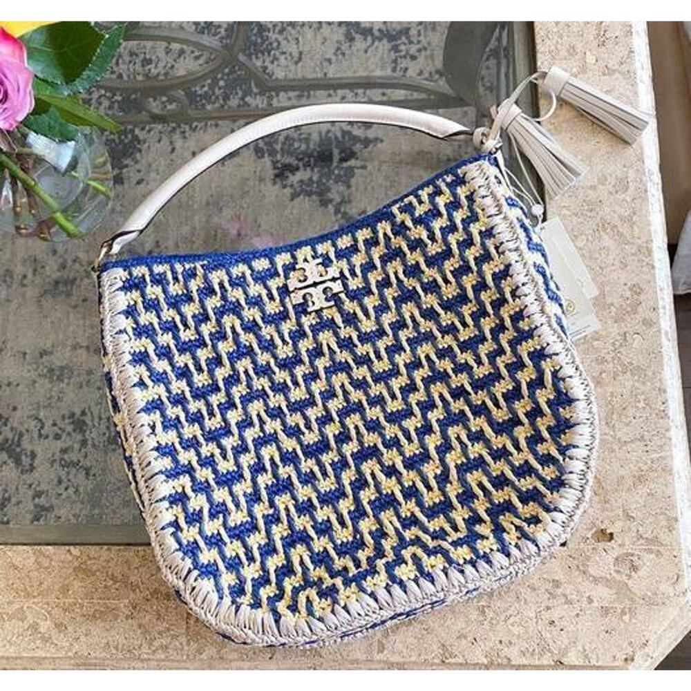 TORY BURCH BLUE/CREAM THEA STRAW BUCKET BAG